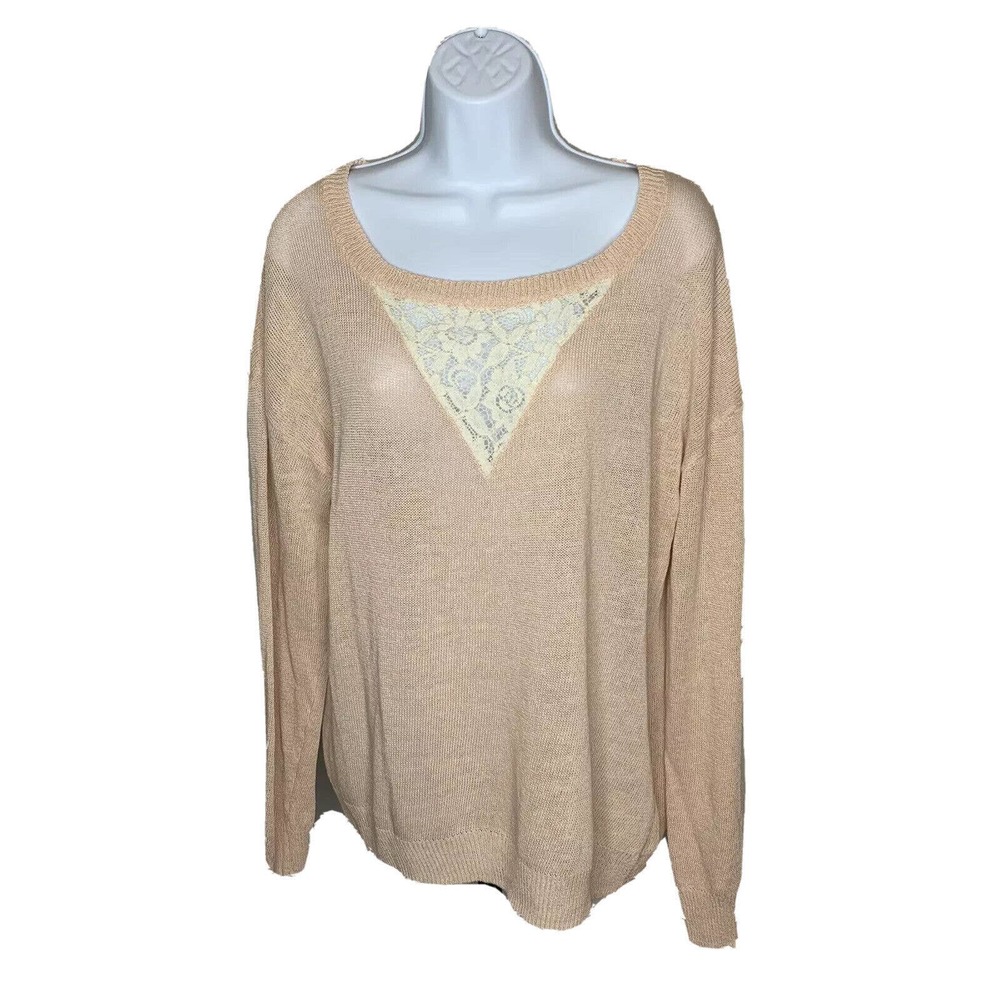 Soft Surroundings Womens Sweater Pink & Lace Size Large Linen Cotton Long Sleeve